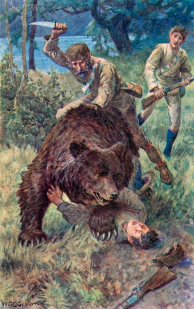 クマにまたがって跳躍している老いたジェイクは、彼の鋭いナイフを家に追いやった 作： William Henry Charles Groome